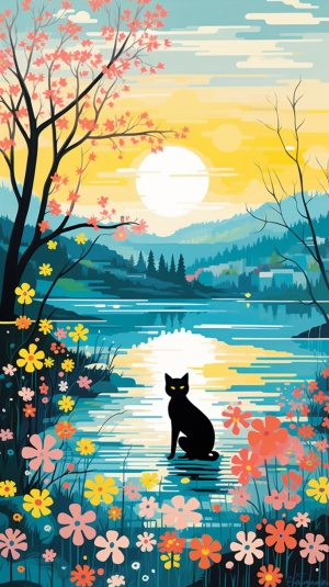 春天河边花草盛开，绚丽多彩，一只黑色的猫咪在河边散步，水里倒影清晰可见，岸边有花有草，春天，鲜艳色彩，背景是蓝天，以手绘插图的风格，以简单的背景，以极简的艺术风格，作为平面插图，适合作为手机壁纸，，以及具有纯色背景的简单设计，远景，长镜头。