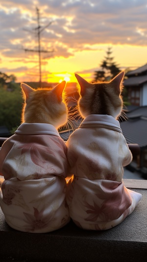 The back of two kittens sitting looking at the sunset in Kyoto, Japan, is a cat putting its hand on the shoulder of the other cat,