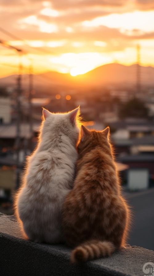 The back of two kittens sitting looking at the sunset in Kyoto, Japan, is a cat putting its hand on the shoulder of the other cat,