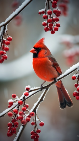 Bird Photography, Red Cardinal in the snow on a red berry tree, Beautiful lighting, raking light, 8k, wallpaper