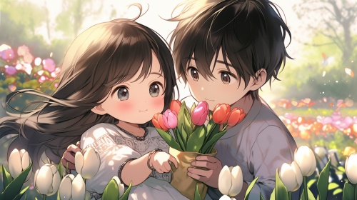 90s anime style, cute little boy and cute little girl are 3 years old. The boy has a round face, big eyes, short black hair, and a cute expression. Next to him is a cute girl who is wearing a white dress with long hair and bangs. There is a big bow on her clothes. She holds tulips in her hand. In spring, the warm flowers bloom, and the background is sweet and lovely. Clear design, 16k, with detailed close-up and facial features, Nii5 ar 16:9
