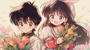 90s anime style, cute little boy and cute little girl are 3 years old. The boy has a round face, big eyes, short black hair, and a cute expression. There is a cute girl next to him. The girl is wearing a princess dress, with flowing long hair and bangs. There is a big bow on her clothes. She held tulips in her hand, and in spring, the tulip background was sweet and lovely. Clear design, 16k, with detailed close-up and facial features, Nii5 ar 16:9