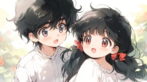 90s anime style, cute little boy and cute little girl 3 years old. The boy has a round face, big eyes, short black hair, cute expressions, and a cute white and black little one next to himCat, the girl is wearing a white dress, long hair, bangs, and has a big bow on the clothes. There is a small black cat next to her, playing games with their phone. The phone, sofa, and living room scene are sweet and cute. The modeling is clear and 16k, with detailed close-up and facial close-up,Nii5 ar 16:9