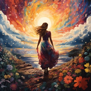 一个女子穿着五彩斑斓的衣裳，走在满是鲜花的花丛中，周围是生机勃勃的大地，阳光从天空洒下，照亮了她的身边。