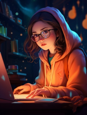 young Chinese girl in glasses typing on a computer in 3d digital illustration 2, in the style of quirky character designs, warm color palette, unicorncore, vray, study, sharp & vivid colors, studyblr