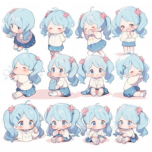 小女孩，蓝色背心，古典精致，全身图，chibi，9种姿势和表情，emoticons[头晕、高兴、生气、哭泣、悲伤、可爱、期待、大笑、失望和害羞、困倦、吃饭、头晕、表达爱意，等]，线条艺术，贴纸艺术，白色背景