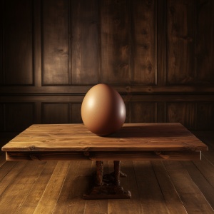一个普通的的鸡蛋在一个普通的木桌子上，桌子在一个木头房间里