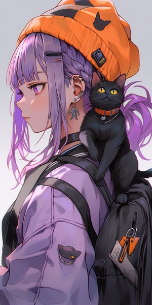 一个紫色头发的女孩，肩膀上趴着一只橘猫