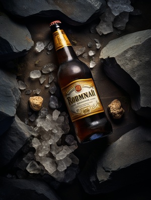 Top view, bottle of beer, glass material, wrapped in rock, commercial photography, real shot, realistic details, Rembrandt Light, HD 8k