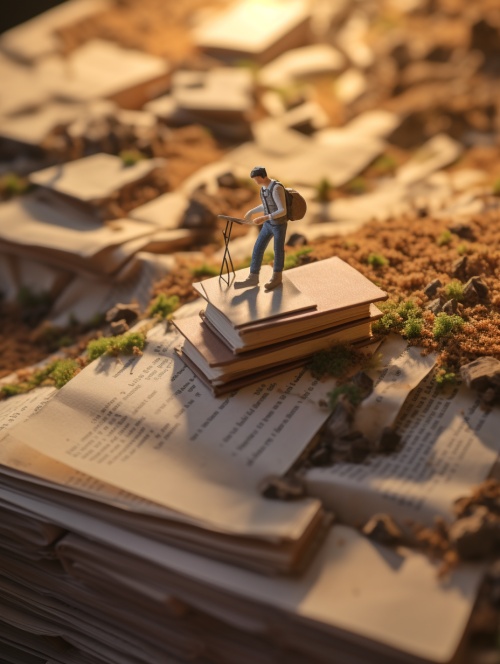 Miniature landscape, huge book, the ground is covered with newspapers, a person isreading a book on the book, there is a larger than human glasses behind the person, a person on the ground is reading a book against a huge book, pencil, paper, sunlight, natural light, real shooting, HD photography,8k