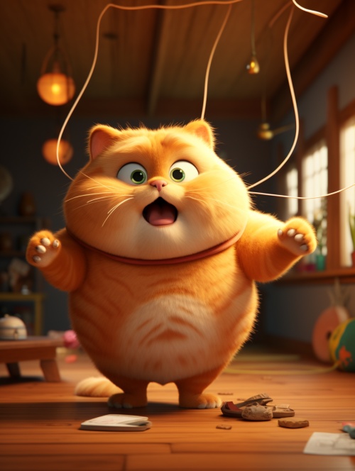一只肥胖的橘猫 超级卡爱 胖嘟嘟的 大肚子 在家里跳绳 累的满头大汗 3D卡通风格 皮克斯动画风格 高清 8K