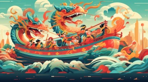 平面风格插图，生动的中国新年画作，装饰画。在工笔画风格中，人们乘坐船只，进行中国端午节的庆祝活动，身着色彩缤纷的服装，周围环绕着舞龙和舞狮，展示了文化传统。背景充满了灿烂的烟花图案和色彩，捕捉了庆祝活动的精髓。柯达ektar 100，精致的边框，民间主题，8k ar 64:47 版本6.0