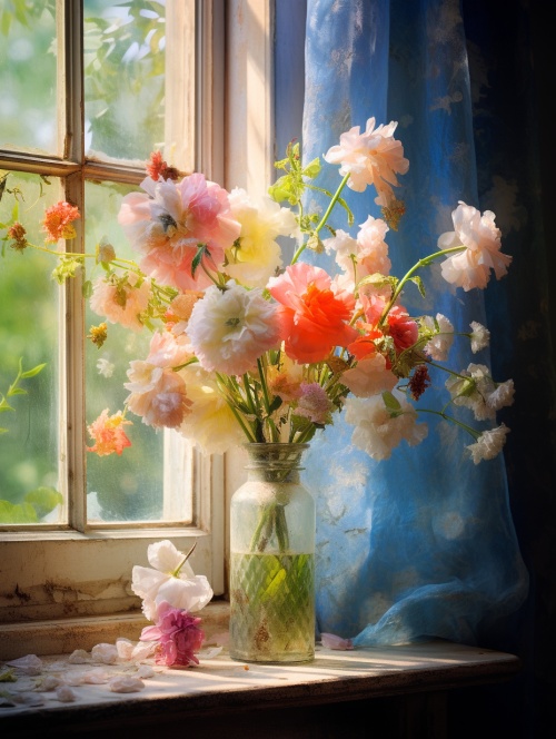 窗台花卉静物，唯美