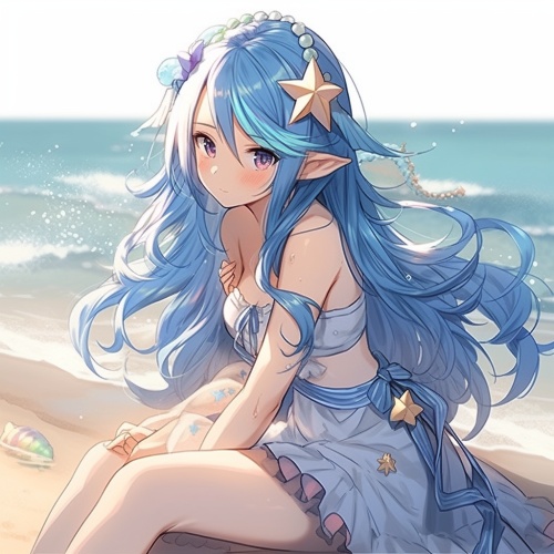 一位有着蓝色长发的少女，她是一条美人鱼坐在海边，头上戴着海星发夹。