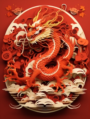 剪纸作品，中国龙年特征，想象，精妙，镂空设计，光影，3D，红色背景