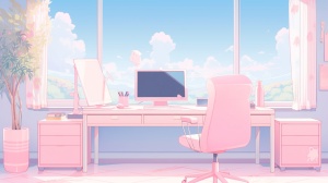 可爱，蓝粉色，房间，动漫，电脑桌，凳子，窗户