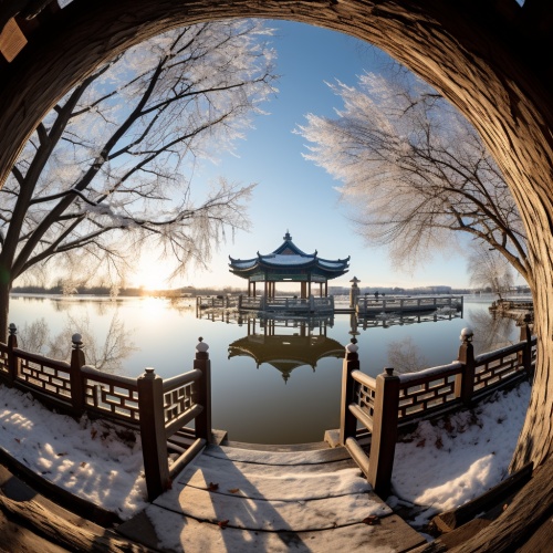 鱼眼镜头，冬天的北京西湖，湖面上有一座古建筑，四周白雪皑皑的树木，还有天空的倒影，一个美丽的圆木拱门，左下角有金边，中国传统山水画的风格，高清摄影照片