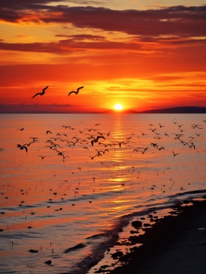 橙红色的夕阳染红了整个海岸线，空气中弥漫着淡淡的海藻和盐水的气息。色彩斑斓的晚霞像织就的锦缎，轻轻地蔓延在天边，将整个海面点亮。无垠的大海与天空交融成一体，一群优美的海鸥翱翔在金红色的晚霞中，仿佛在歌唱。海浪轻轻地拍打着岩石，发出悦耳的声音，逐渐地将海滩洗刷得泛起细腻的泡沫。夕阳倒映在海水中，幻化成一幅梦幻般的夜幕图画。