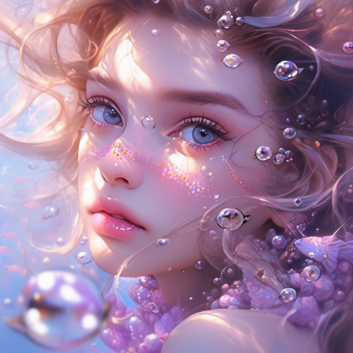 sailor moon art girl in the bottom of the sea,A fair and delicate face, tight fitting clothing ,The bubbles in the water are transparent and sparkling like crystals, in the style of cyberpunk futurism, light violet and gold, lilia alvarado, andrzej sykut, bold, vibrant colors, close up, vray ar 9:16 niji 5