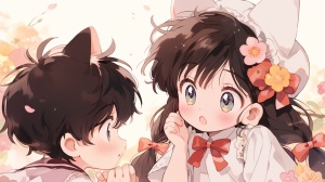 90s anime style, cute little boy and cute little girl 3 years old. The boy has a round face, big eyes, short black hair, cute expressions, and a cute white and black little one next to himCat, the girl is wearing a white dress, long hair, bangs, and has a big bow on the clothes. There is a small black cat next to her, playing games with their phone. The phone, sofa, and living room scene are sweet and cute. The modeling is clear and 16k, with detailed close-up and facial close-up,Nii5 ar 16:9