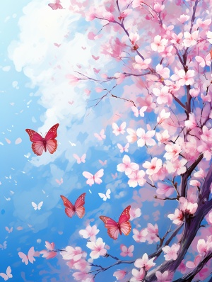 粉色和白色的花朵，樱花，天空中飞舞的粉色花瓣，上面的蓝色蝴蝶，动漫风格，细节清晰，高清摄影，色彩鲜艳，自然光，树枝特写拍摄，绽放，清新，浪漫。
