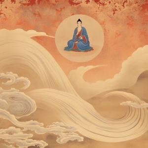 Dunhuang art style illustration an extremely tiny monk sitting on the giant hand of Guanyin nestled in continuous rolling ripples extremely delicate brushstrokes, soft and smooth China red and indigo background covered with auspicious cloud patterns painted on gold foil niji 6 ar 3:4