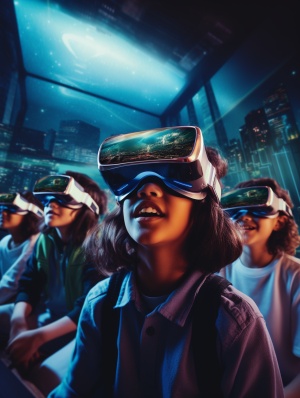 戴VR眼镜的女生，戴VR眼镜的男生，戴VR眼镜的老师在讲课，知识的海洋，时空穿梭