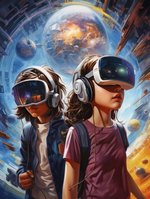 戴VR眼镜的女生，戴VR眼镜的男生，知识的海洋，时空穿梭