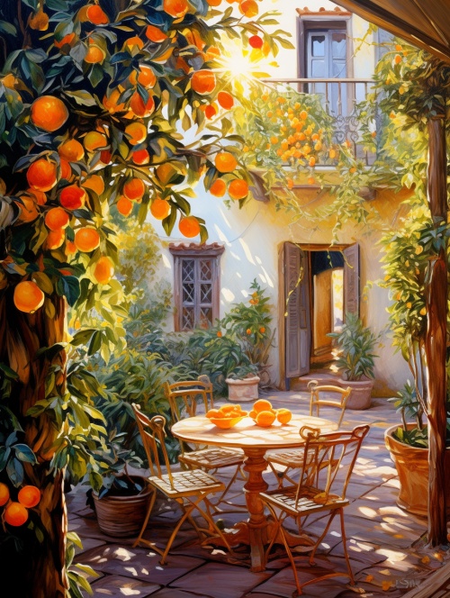 一座美丽的房子，周围是橘子树，树下的桌椅上挂着果子，里面挂着许多橘子，阳光透过两个大燕麦的叶子照耀，鲜艳的色彩，温暖的灯光，橙色的墙壁，满是水果的大院子，非常细致的绘画风格，高清,微距拍摄