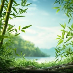 干净背景,春天,草地,大海,树林,竹林,3D 渲染,写实风格,摄影图片,超真实