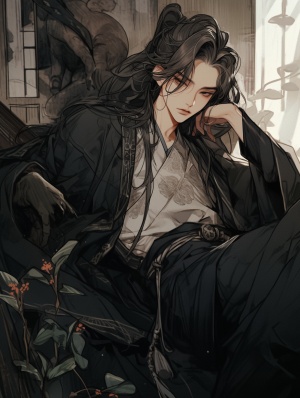 中国古代明代风格，古色古香的房间内，一名黑衣美男衣衫半解的躺在床上，黑色的眼眸，黑色微卷的长发，自然柔和的烛光，气氛暧昧