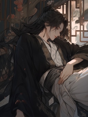 中国古代明代风格，古色古香的房间内，一名黑衣美男衣衫半解的躺在床上，黑色的眼眸，黑色微卷的长发，自然柔和的烛光，气氛暧昧