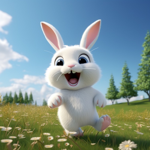 一只萌萌的小白兔，大笑，公园为背景，晴朗的天空，宫崎骏风格，吉卜力色彩，超高清画质