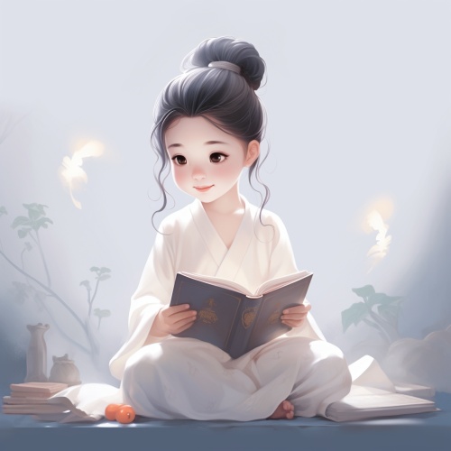 The little girl in the white robe is reading carefully. The style is Yumei, animated GIF, small jump, traditional clothing, animated character design, Chinese painting, light gray, cute, modest charm, classical style, Minimalism ar 3:4q 2niji 5