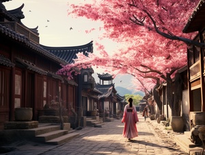 An ancient Chinese town street in the Tang Dynasty era, peach blossom trees lining the street with petals drifting in the air and on the ground, exquisitely beautiful woman in Tang Dynasty attire walking on the street, every scene meticulously detailed, summer season, morning time, gentle breeze, National style, 8K ultra high definition cinematic quality, Natural lighting, Wide angle aerial perspective, Highly detailed