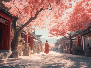 An ancient Chinese town street in the Tang Dynasty era, peach blossom trees lining the street with petals drifting in the air and on the ground, exquisitely beautiful woman in Tang Dynasty attire walking on the street, every scene meticulously detailed, summer season, morning time, gentle breeze, National style, 8K ultra high definition cinematic quality, Natural lighting, Wide angle aerial perspective, Highly detailed