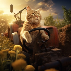3D效果，一只猫在开拖拉机耕地，农忙，氛围感强，摄影，4K输出。