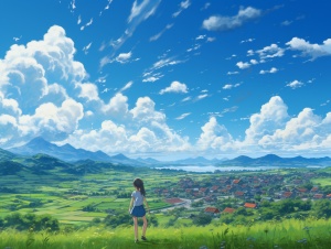 女孩回农村老家，与友聚会在美丽的农村街道下享受宫崎骏风格的晴朗蓝天