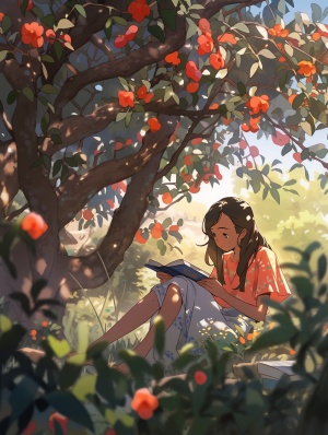 一个女孩在深山桃花园中，坐在树上，看书，绘画，宫崎骏风格，新海诚风格