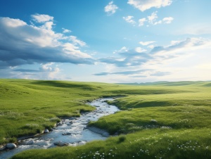 辽阔的草原，蜿蜒曲折的小溪，蓝天白云。,春天,黄昏,草地,溪流,大草原,良好的光泽,写实风格,摄影图片,真实感,第一人称视角,柔光,自然光