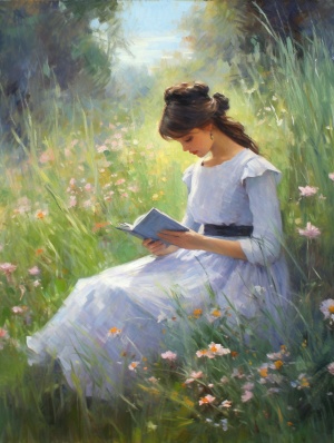 坐在草地上看书的欧洲古典女孩，唯美，浪漫