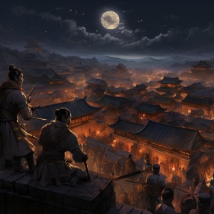 夜幕下的长安城，城墙上的士兵紧张地巡逻。城内灯火通明，但民众的脸上充满忧虑，空气中弥漫着不安的气息。