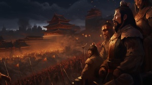 夜幕下的长安城，城墙上的唐朝士兵紧张地巡逻。城内灯火通明，但民众的脸上充满忧虑，空气中弥漫着不安的气息。