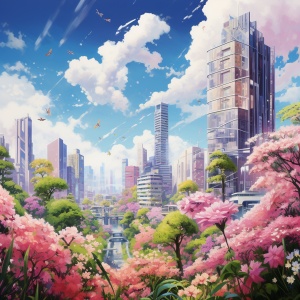 繁华城市，高楼大厦建筑，春天氛围，绿色植物粉色鲜花，粉色花瓣飘扬，春天的城市，蓝天白云