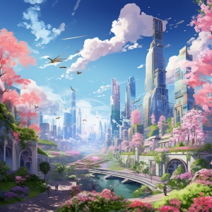繁华城市，高楼大厦建筑，春天氛围，绿色植物粉色鲜花，粉色花瓣飘扬，春天的城市，蓝天白云