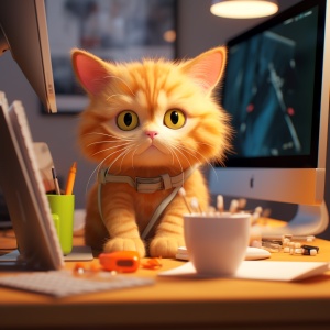 主题：可爱的橘猫，拟人化，办公桌前办公，卡通，8k超高清，浅琥珀色和橙色，逼真的，超细节渲染，超细节绘画风格：动漫-写实
