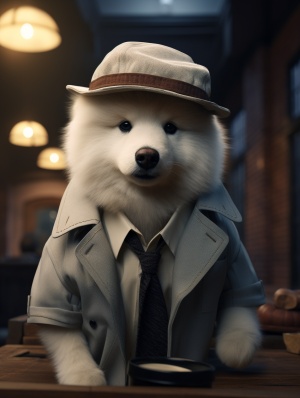 一只可爱的萨摩耶穿着侦探装在调查案件,室外,帽子,看向旁边,真实的,复杂的,超真实,真实感,虚幻引擎,8k,大师杰作