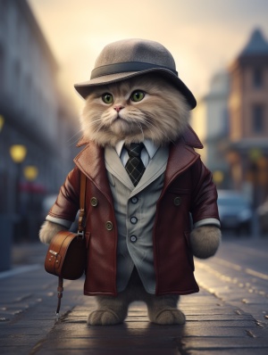一只可爱的猫猫穿着侦探装在调查案件,室外,大街,看向旁边,真实的,复杂的,超真实,真实感,虚幻引擎,8k,大师杰作