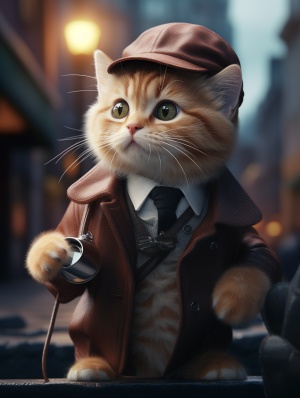 一只可爱的猫猫穿着侦探装在调查案件,室外,大街,看向旁边,真实的,复杂的,超真实,真实感,虚幻引擎,8k,大师杰作