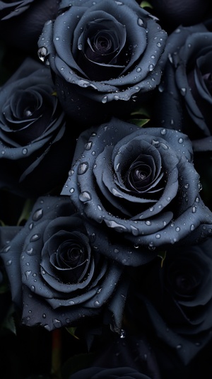 峡谷中一大片带着水露珠的黑玫瑰拥有如丝绒般的黑色花瓣，给人一种高贵而又神秘的感觉。
